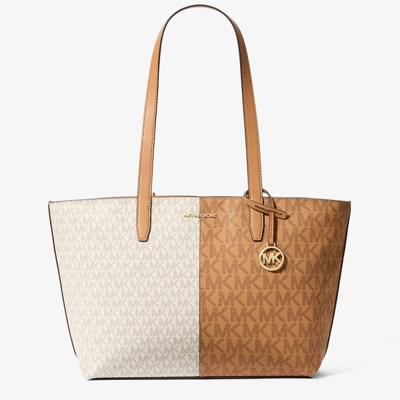 NWT Michael Kors Jet Set Medium Two-Tone Logo Tote Bag, Tan & Cream - Picture 1 of 4